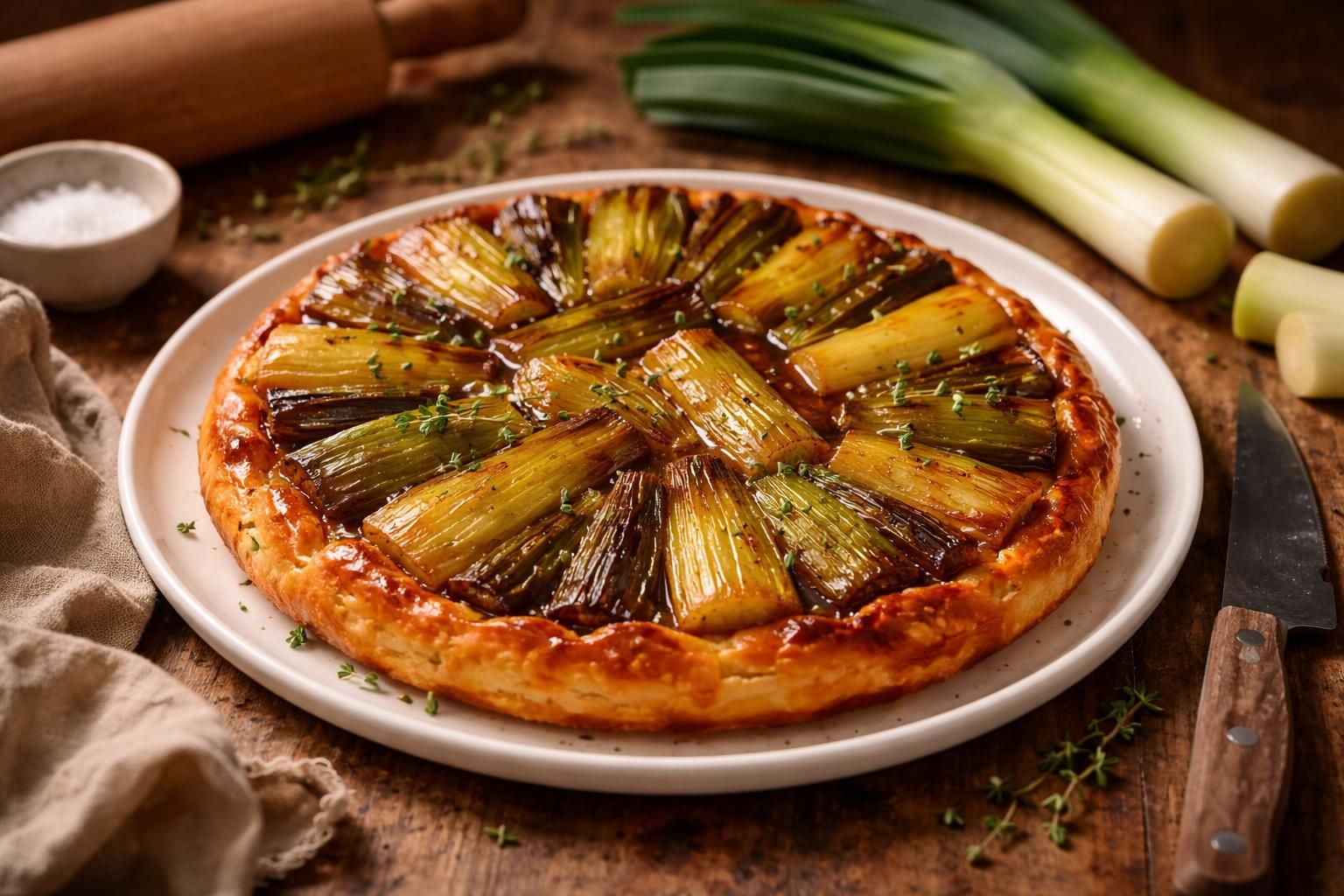 savourez une tarte tatin aux poireaux, une recette gourmande et simple à réaliser pour réinventer ce classique sucré-salé avec une touche végétale.